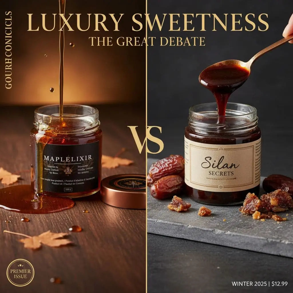 Two syrup jars shown side by side with pouring syrup and a large "VS" in the center.