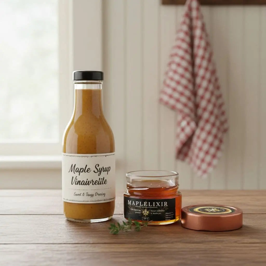 Fresh maple syrup vinaigrette sits next to golden maple elixir and honey on our wooden table. Drizzle it over salads for sweet flavor. 🍁 #MapleMagic