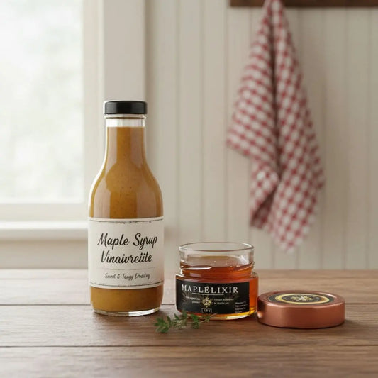 Fresh maple syrup vinaigrette sits next to golden maple elixir and honey on our wooden table. Drizzle it over salads for sweet flavor. 🍁 #MapleMagic