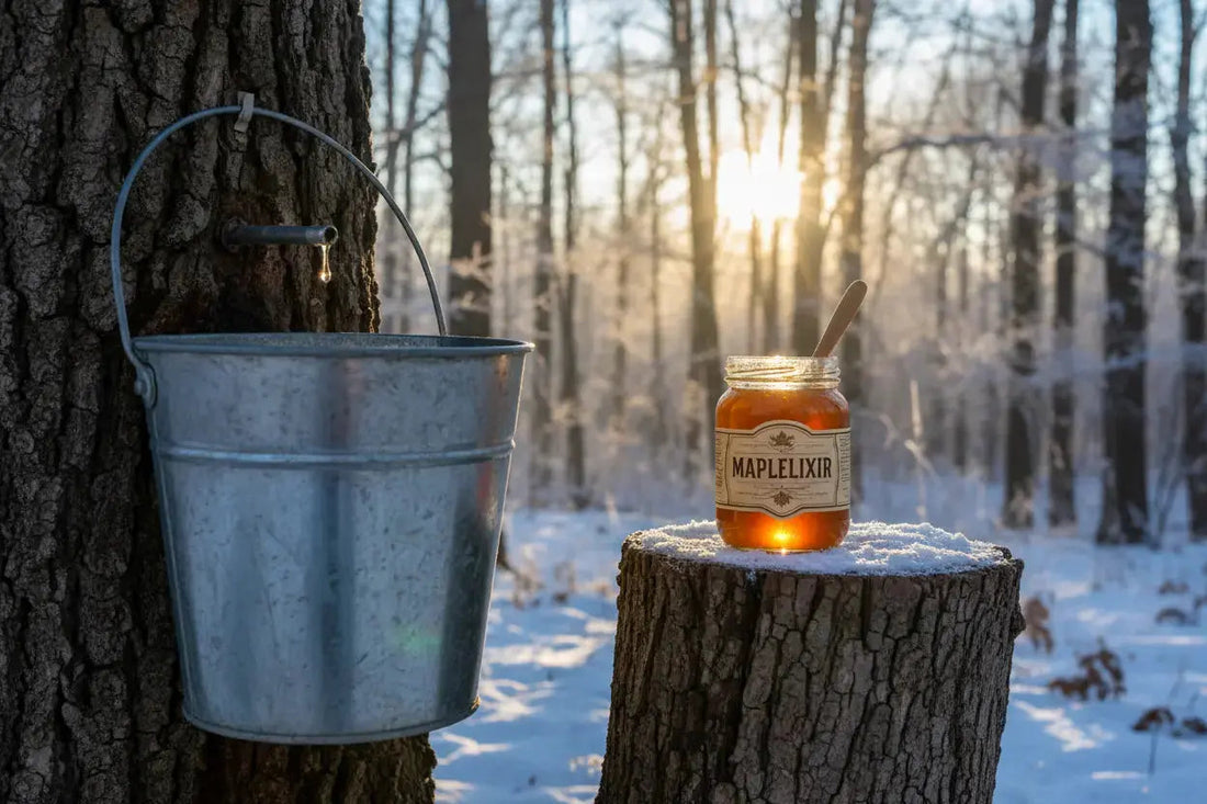 Tapped maple tree with sap bucket in snowy forest; amber Maplelixir jar catches the sunlight.