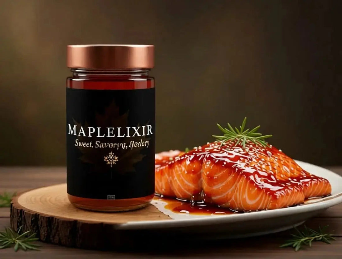 Glossy salmon topped with maple glaze pairs with Maplelixir sweet savory syrup jar.