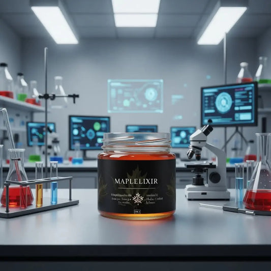 Lab table holds Maplelixir jar next to microscopes, vials, and digital displays.