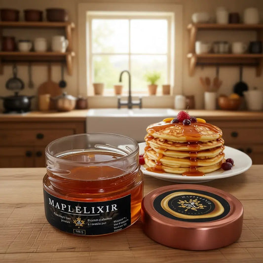 Easy fluffy Maple Syrup Pancakes next to a maple syrup elixir jar with for a real maple flavor