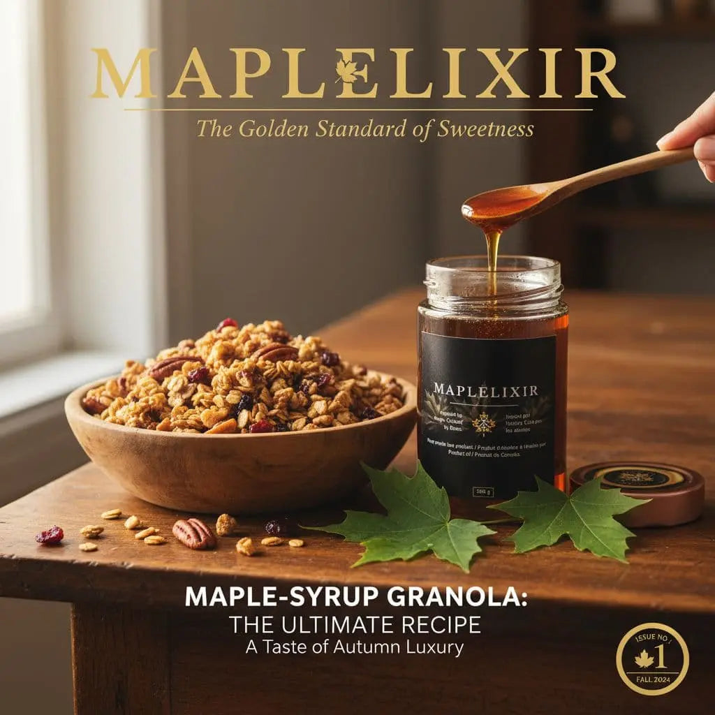 Jar of  maple syrup sits next to a wooden bowl of granola with pecans and cranberries on a table with maple leaves.