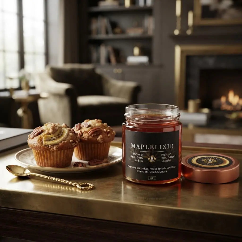 luxury magazine cover page - but no writing except Maplelixir. Featuring maplelixir jar next to banana muffins