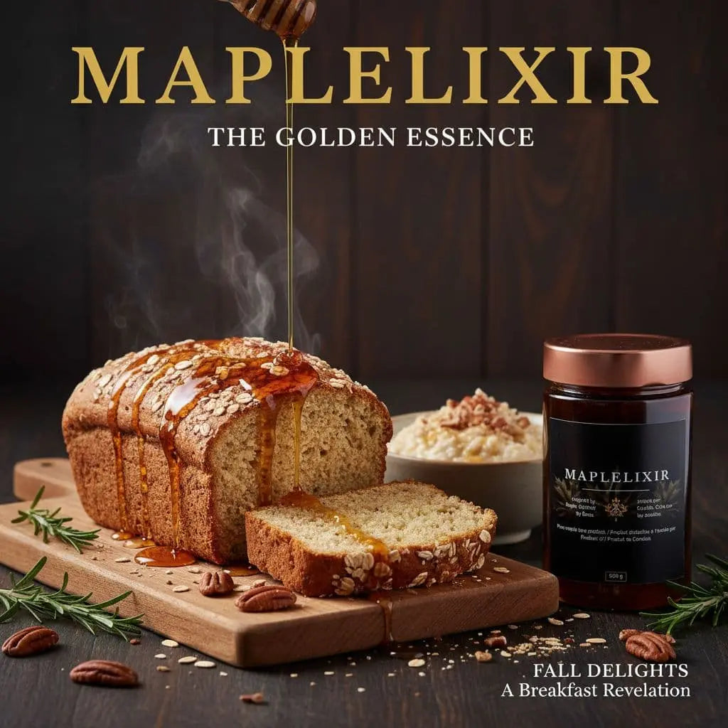 Golden maple syrup drips from a wooden dipper onto a sliced oat bread loaf, steam rising, next to a Maplelixir jar and creamy pudding bowl on a wooden board.