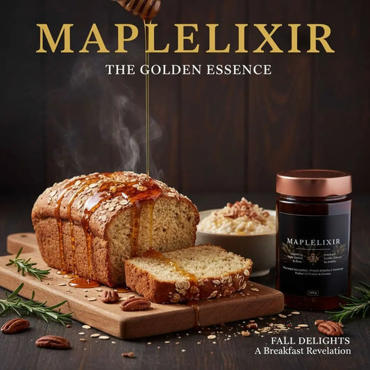 Golden maple syrup drips from a wooden dipper onto a sliced oat bread loaf, steam rising, next to a Maplelixir jar and creamy pudding bowl on a wooden board.