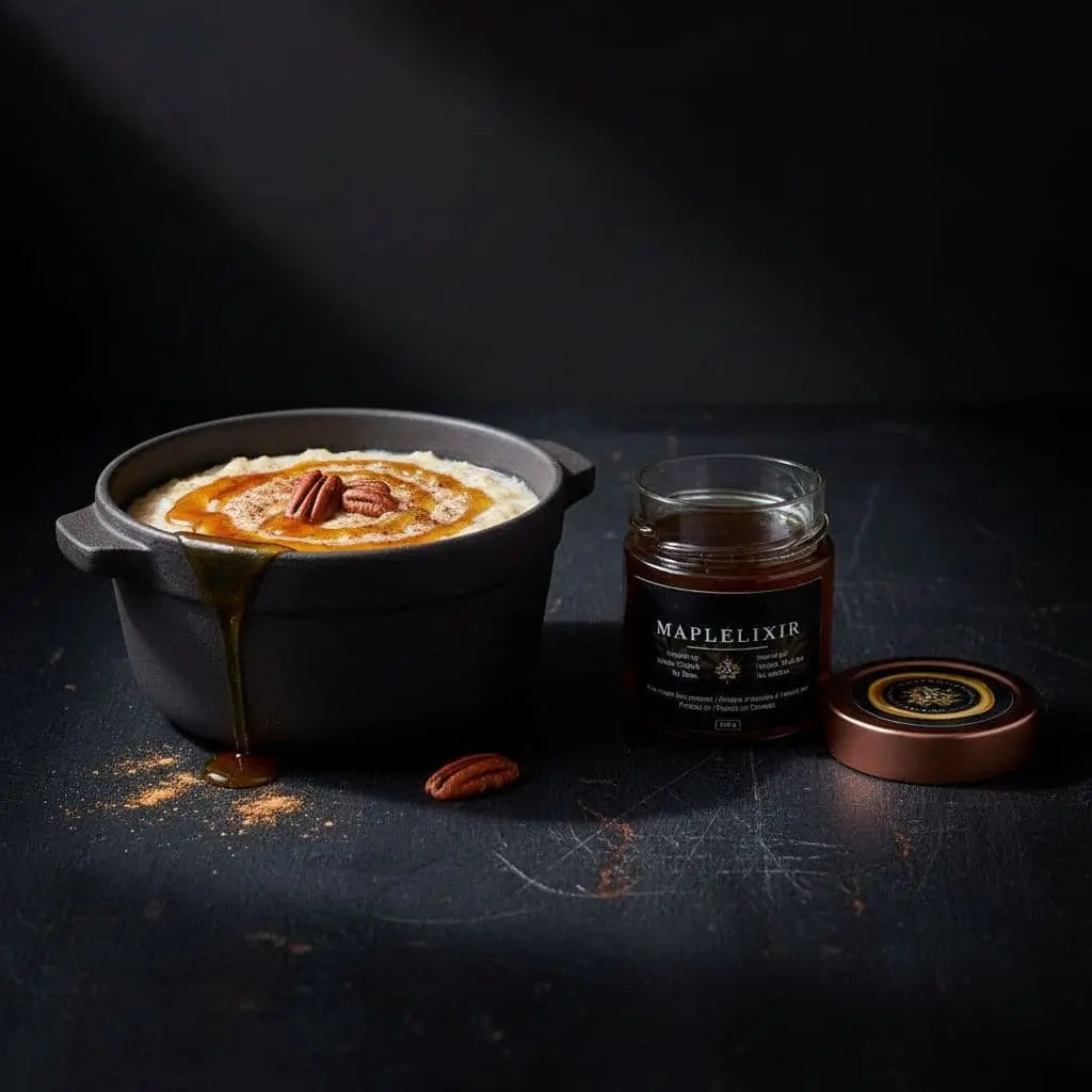 oatmeal in a pot , topped with maple syrup , some dusted brown sugar and a jar of maplelixir on the side