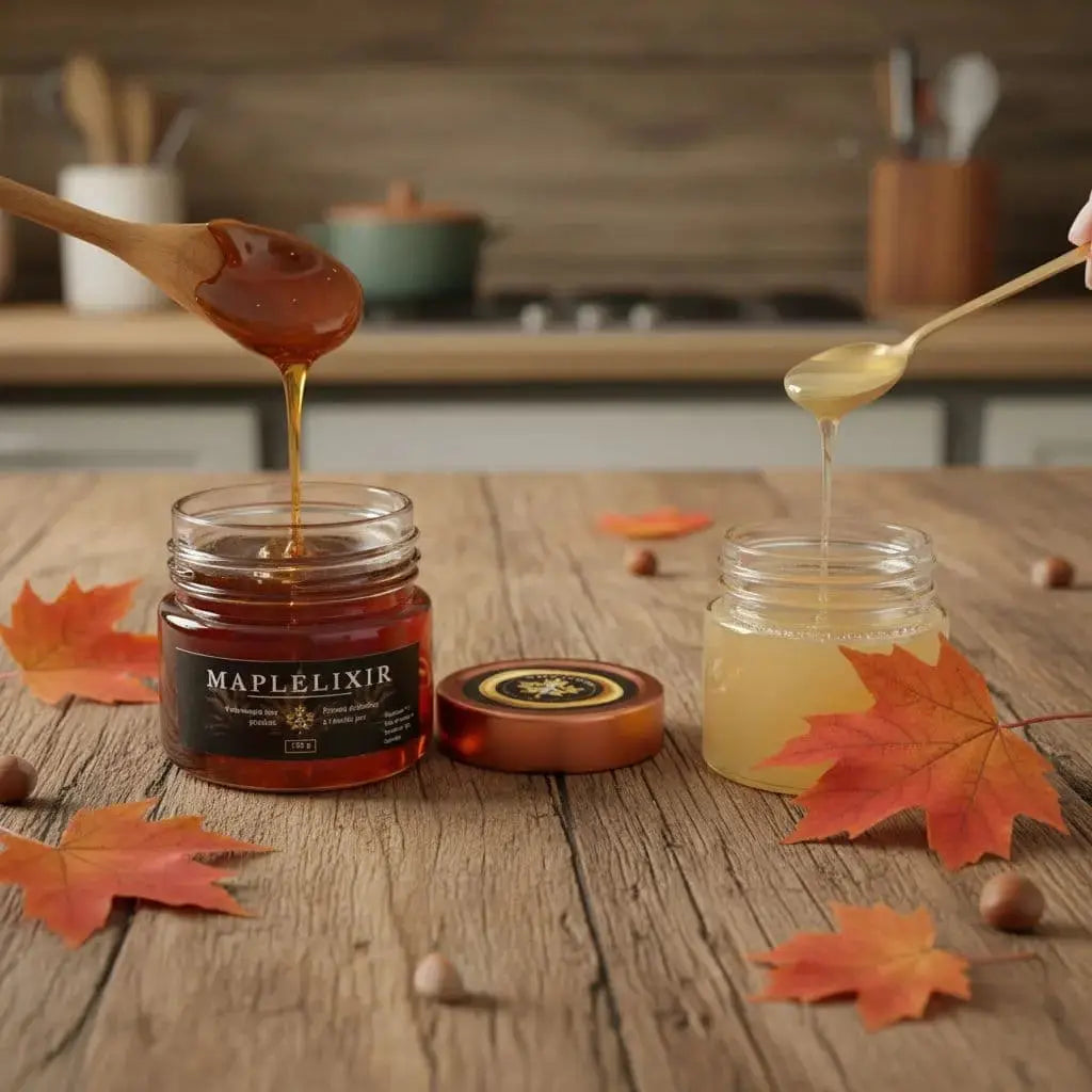 Compare that deep Maple Elixir pour to honey's light stream. Hazelnuts and leaves add the perfect touch. 🥜 #HoneyVsMaple