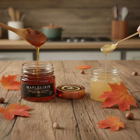 Compare that deep Maple Elixir pour to honey's light stream. Hazelnuts and leaves add the perfect touch. 🥜 #HoneyVsMaple