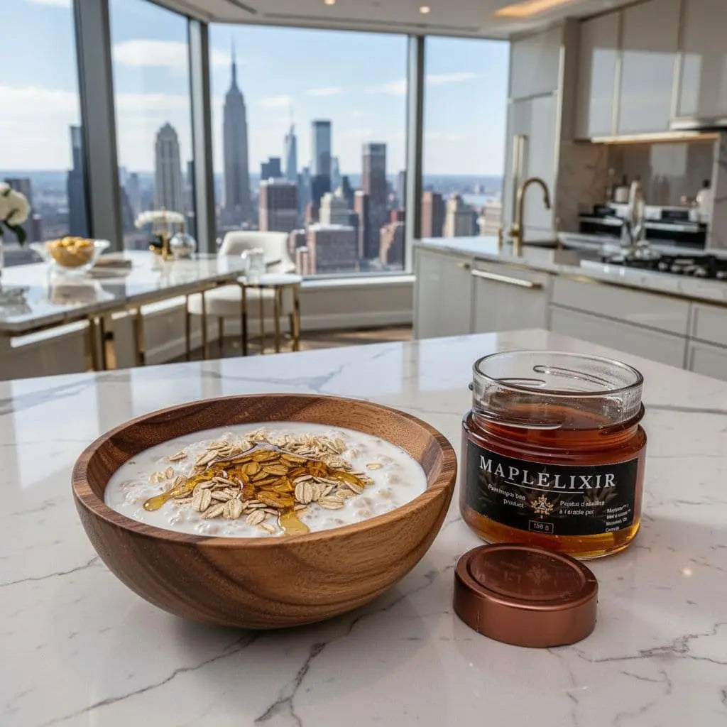Wooden bowl holds creamy oats, almonds, and drizzled maple syrup; Maplelixir jar nearby on white marble, cityscape through windows.