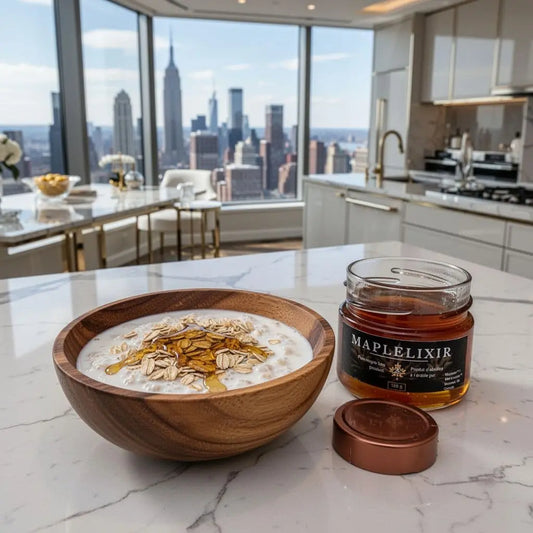 Wooden bowl holds creamy oats, almonds, and drizzled maple syrup; Maplelixir jar nearby on white marble, cityscape through windows.