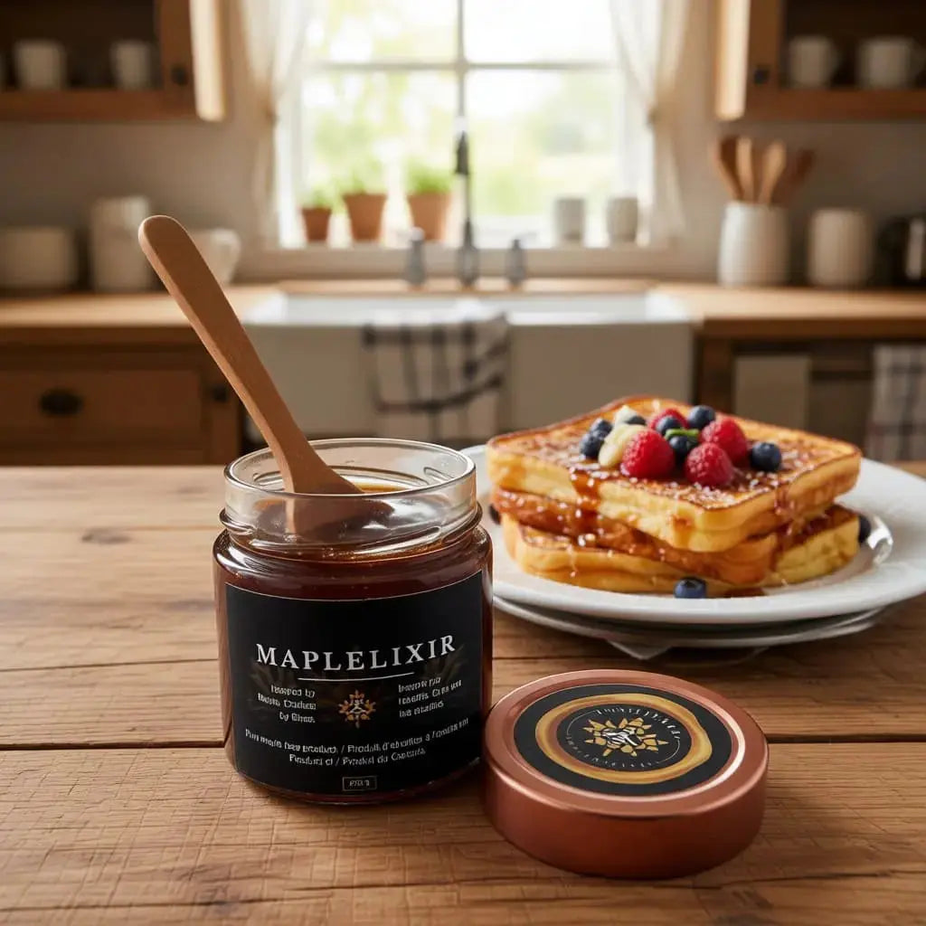Golden French toast drips with fresh Maplelixir in a bright kitchen.