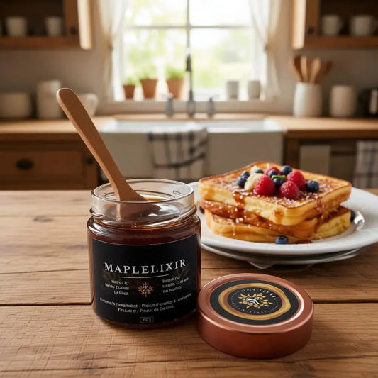 Golden French toast drips with fresh Maplelixir in a bright kitchen.