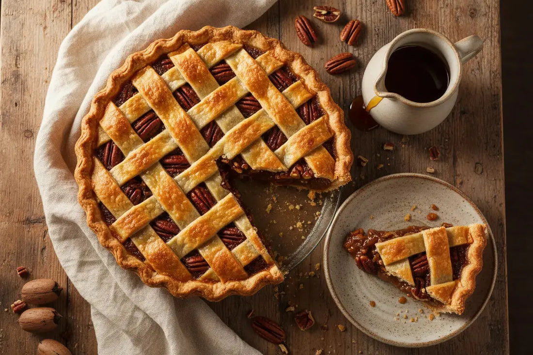 maple and pecan pie on a wooden table next to a maple syrup.