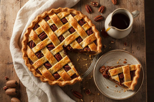 maple and pecan pie on a wooden table next to a maple syrup.