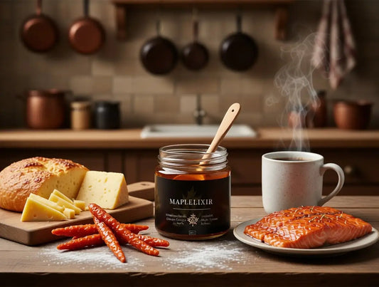 Jar of Maplelixir  syrup on a wood table with cheese slices, fresh bread, carrot sticks, glazed salmon, and coffee in a warm kitchen.