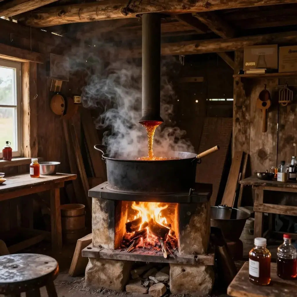 Rustic log cabin boils maple sap in a large black pot over stone hearth fire.