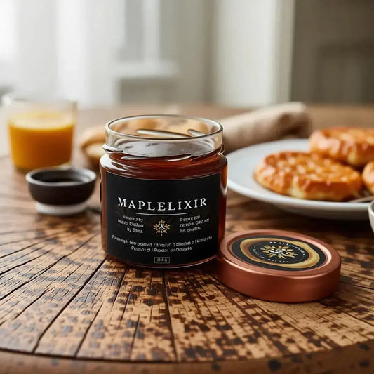 A jar of Maplelixir maple syrup sits on a wooden table next to golden pancakes, orange juice, and a small bowl.