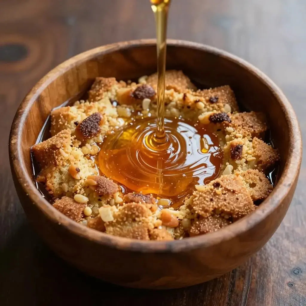 Maple syrup pours over bread pudding in a wooden bowl.