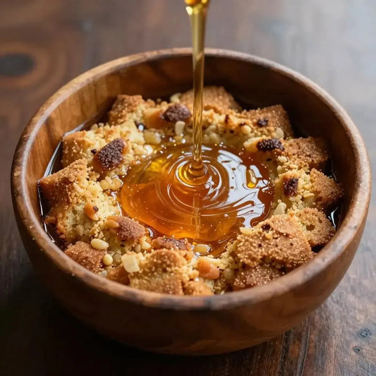 Maple syrup pours over bread pudding in a wooden bowl.