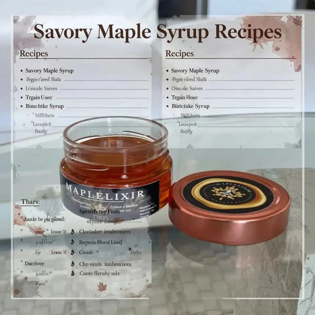 Print-friendly cards list savory maple syrup recipes like legume uses and glaze syrup next to a Maplelixir jar.