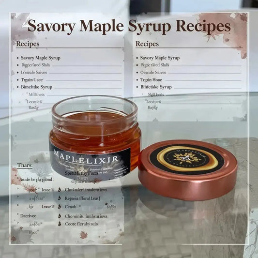 Print-friendly cards list savory maple syrup recipes like legume uses and glaze syrup next to a Maplelixir jar.