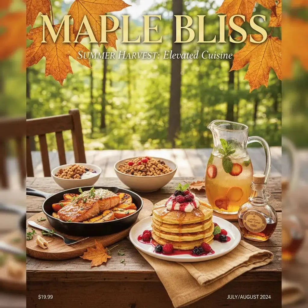 Summer table of pancakes, baked salmon, granola bowls, and syrup in a forest setting