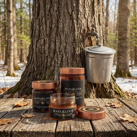 Our Maplelixir jars sit right by the maple tree where it all starts. Fresh sap flows into that bucket. Pure goodness awaits. 🍁 #MapleLixir