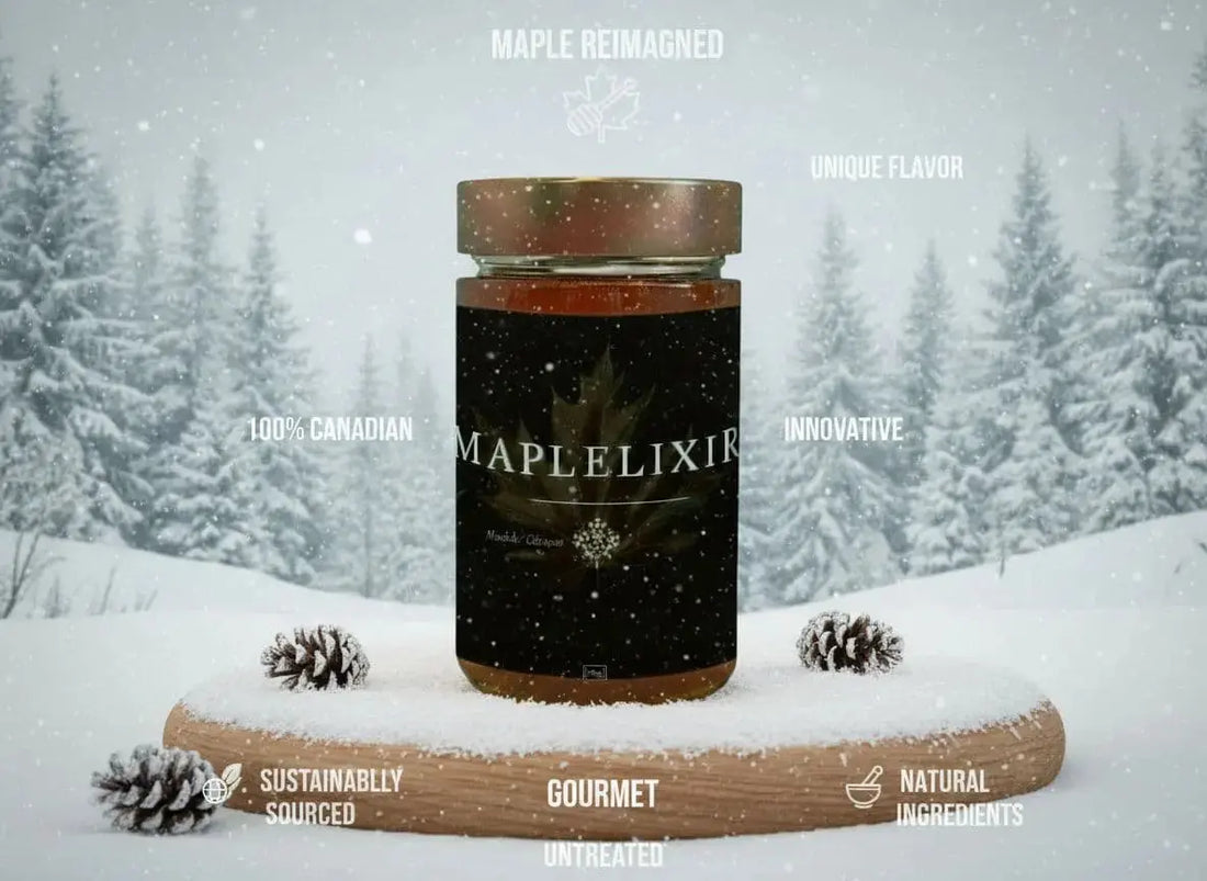 Amber Maplelixir jar labeled 100% Canadian maple with sustainable gourmet tags in winter scene.