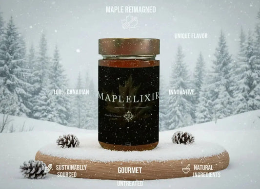 Amber Maplelixir jar labeled 100% Canadian maple with sustainable gourmet tags in winter scene.