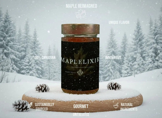 Amber Maplelixir jar labeled 100% Canadian maple with sustainable gourmet tags in winter scene.