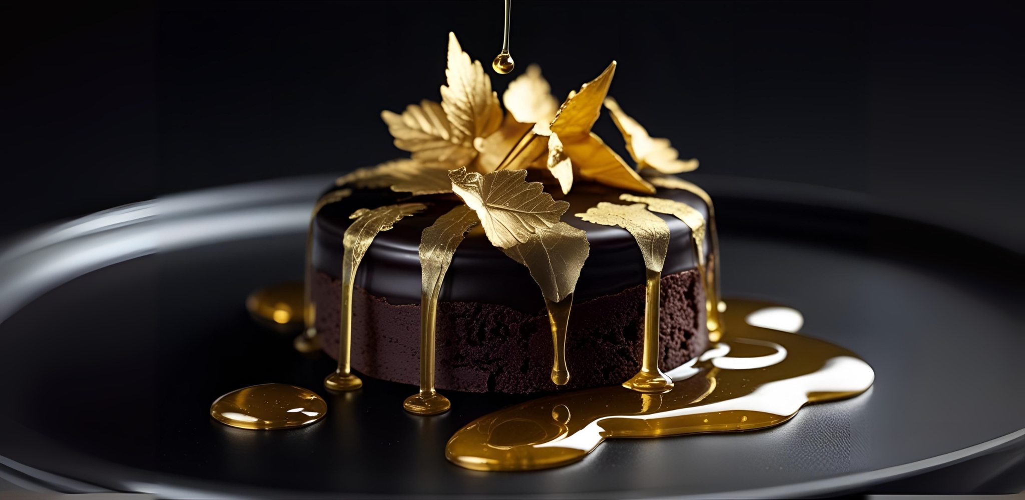 Golden maple honey drizzled on artisan dessert.