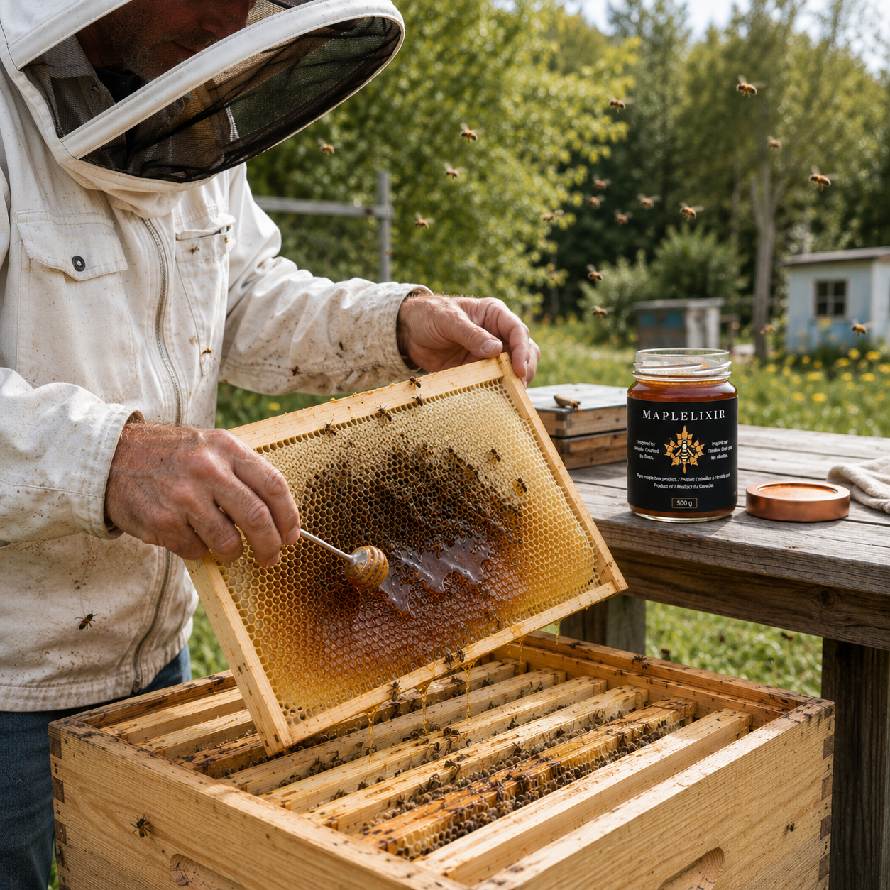 A beekeeper in protective clothing holds a honeycomb frame covered with beeswax honey over a wooden hive in an outdoor apiary. A jar labeled Maple Leaf Honey sits on a table nearby, with bees flying around in a green garden setting.