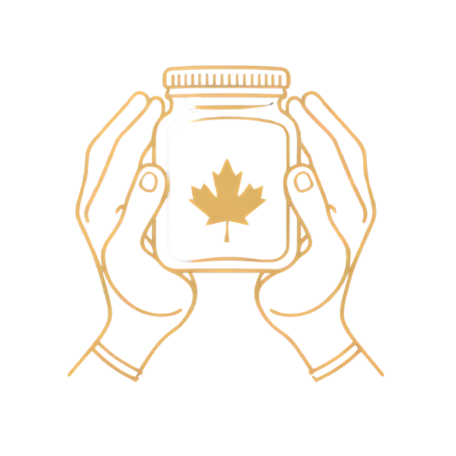 Hands holding jar with maple leaf for hand-harvested small batch Canadian honey.