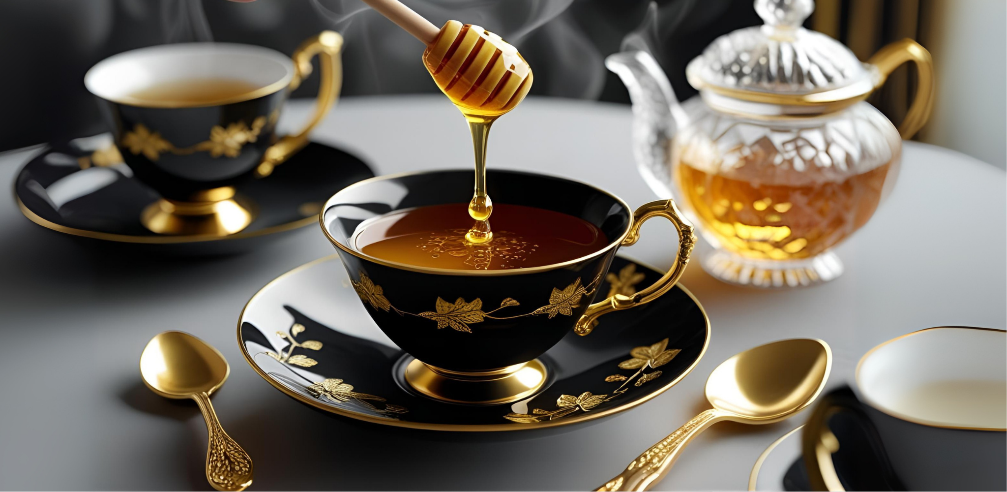 Canadian maple honey drizzling into herbal tea.